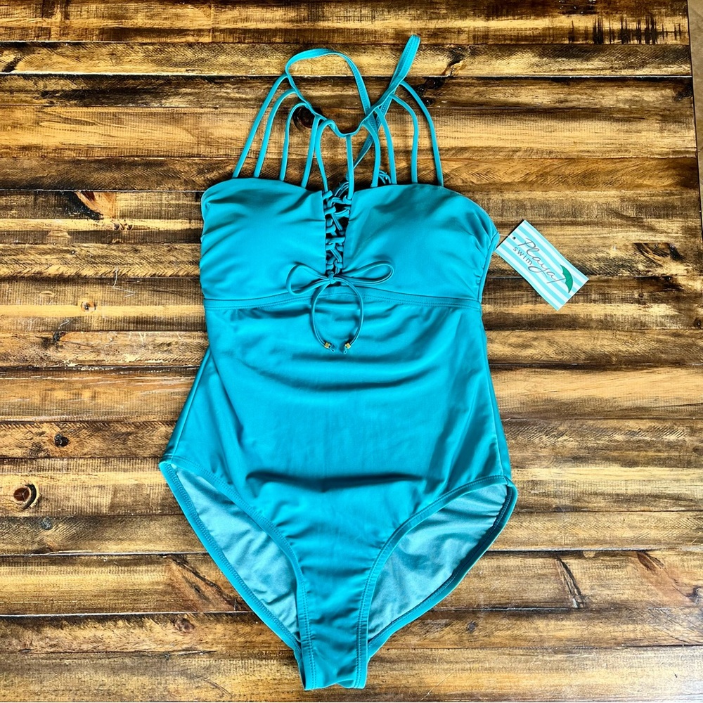 NWT Playa Swim Blue Lace-Up Bathing Suit Multi-Strap Detail Teal Aqua Small 4/6